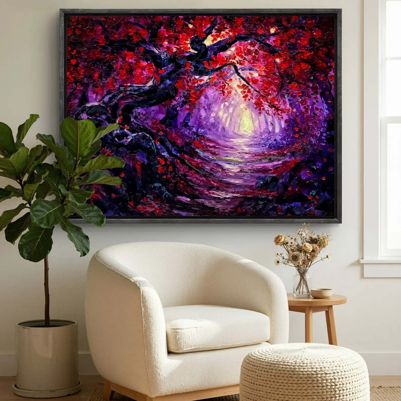 Vibrant red tree painting above a cosy armchair