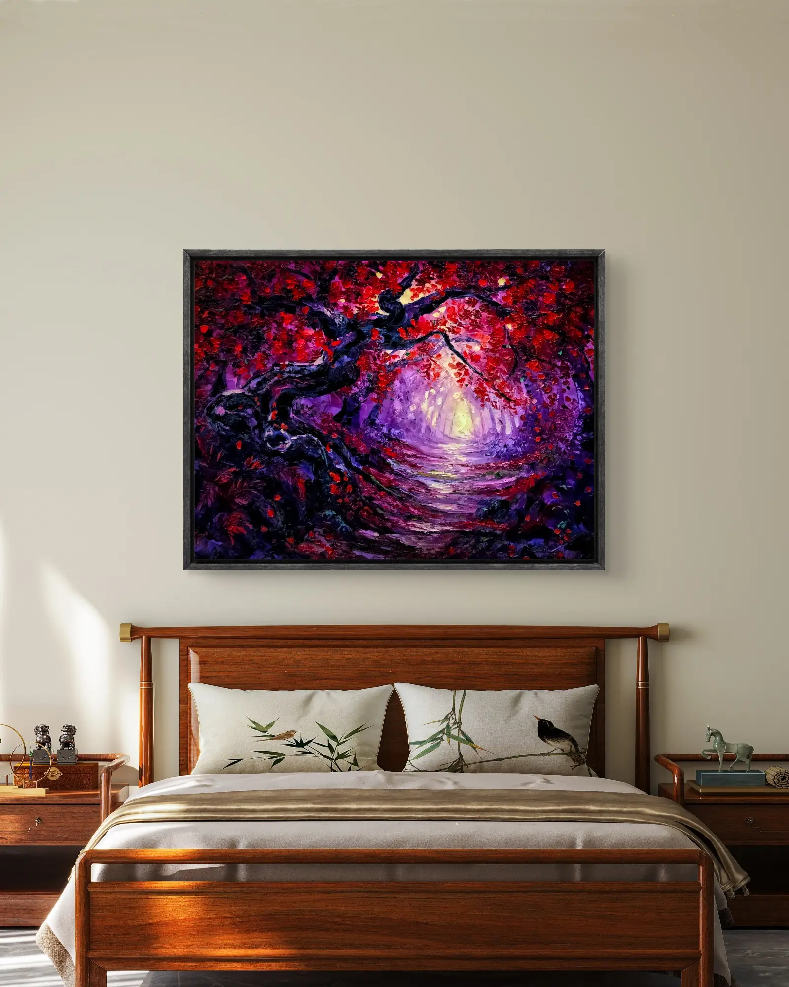 Vibrant forest painting above a wooden bedroom suite