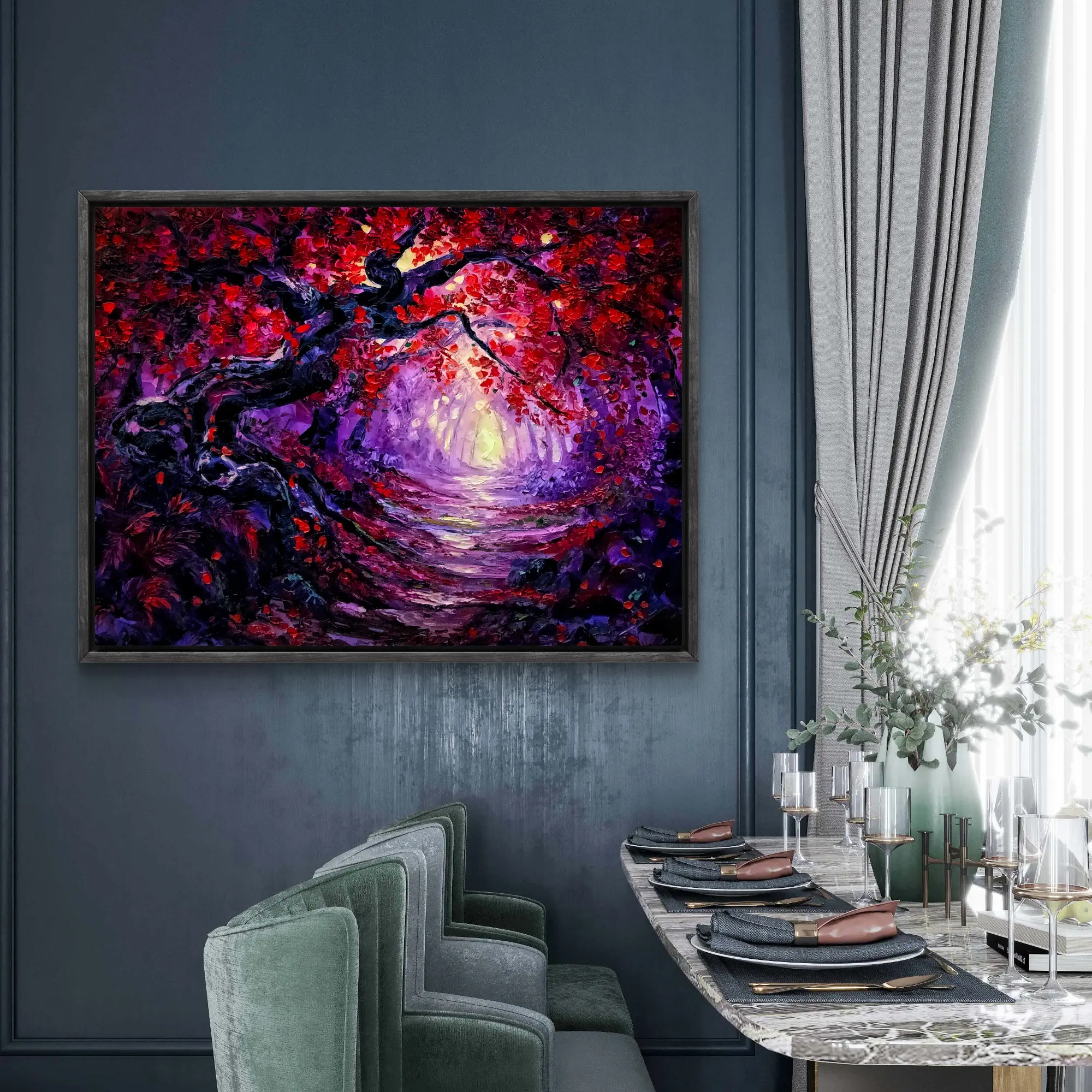 Vibrant forest painting above elegant dining table