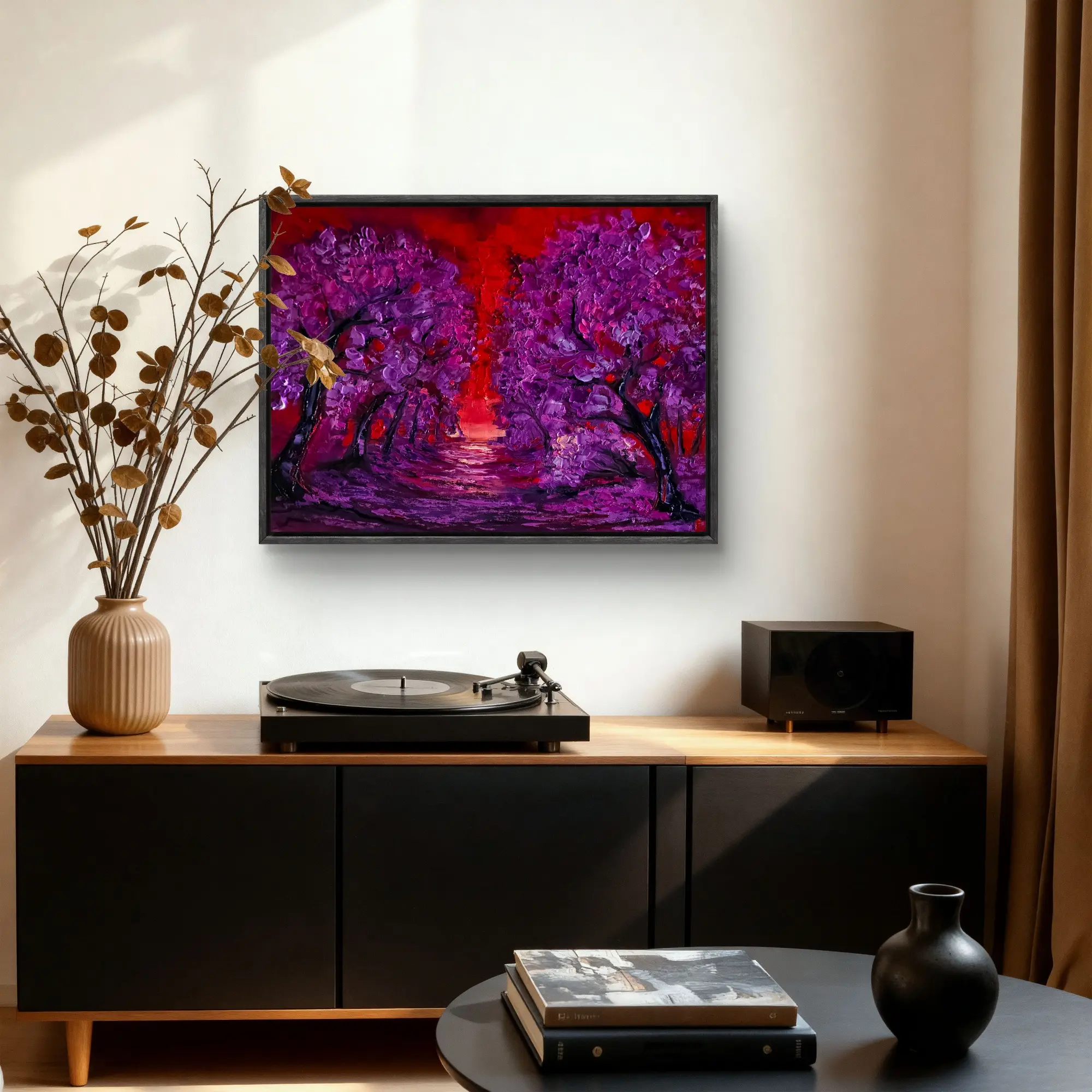 Purple forest painting above turntable and speakers